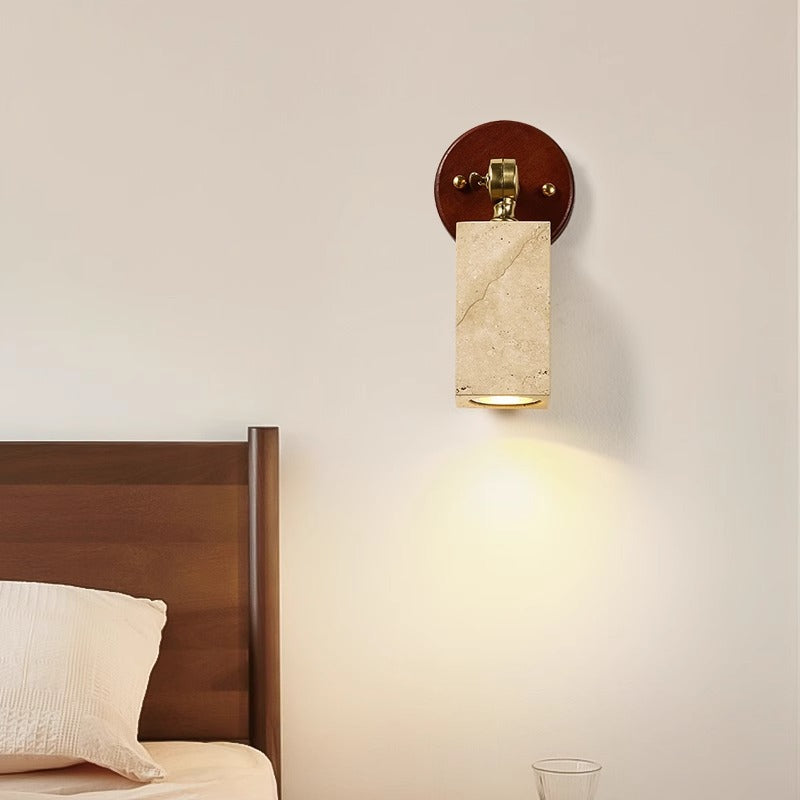 Traditional Japanese 1-Light Wall Sconce Lamp, Adjustable Head, Cuboid Design, Wood & Stone, Half-Circular, Living Room Lighting