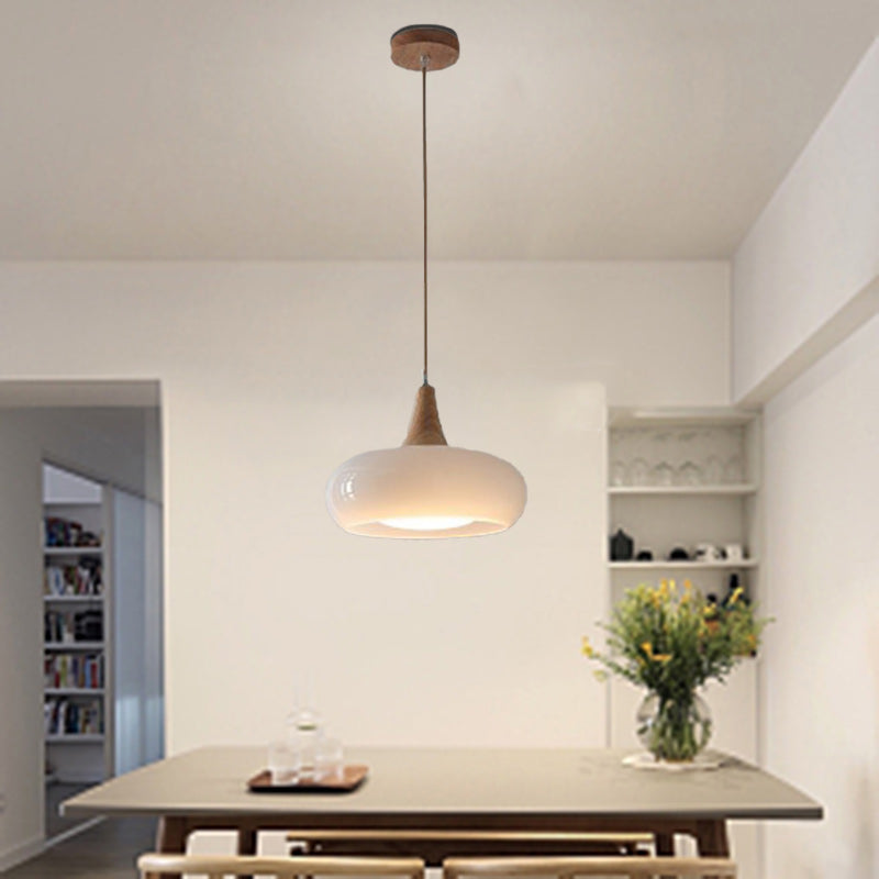 Contemporary Nordic Cream Persimmon Wood Glass Pendant Light for Dining Room
