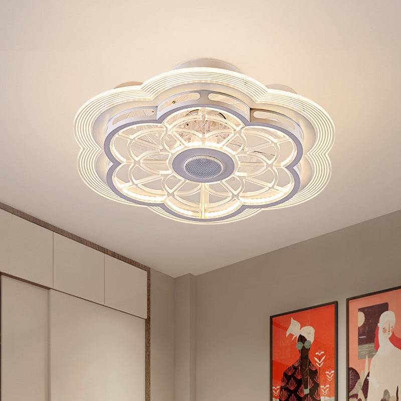 Contemporary Nordic Bluetooth Speaker LED Ceiling Fan Light - Copper Round Flower Design for Bedroom