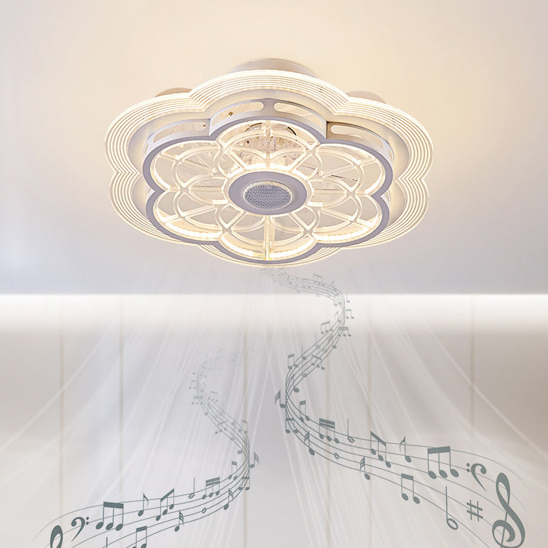 Contemporary Nordic Bluetooth Speaker LED Ceiling Fan Light - Copper Round Flower Design for Bedroom