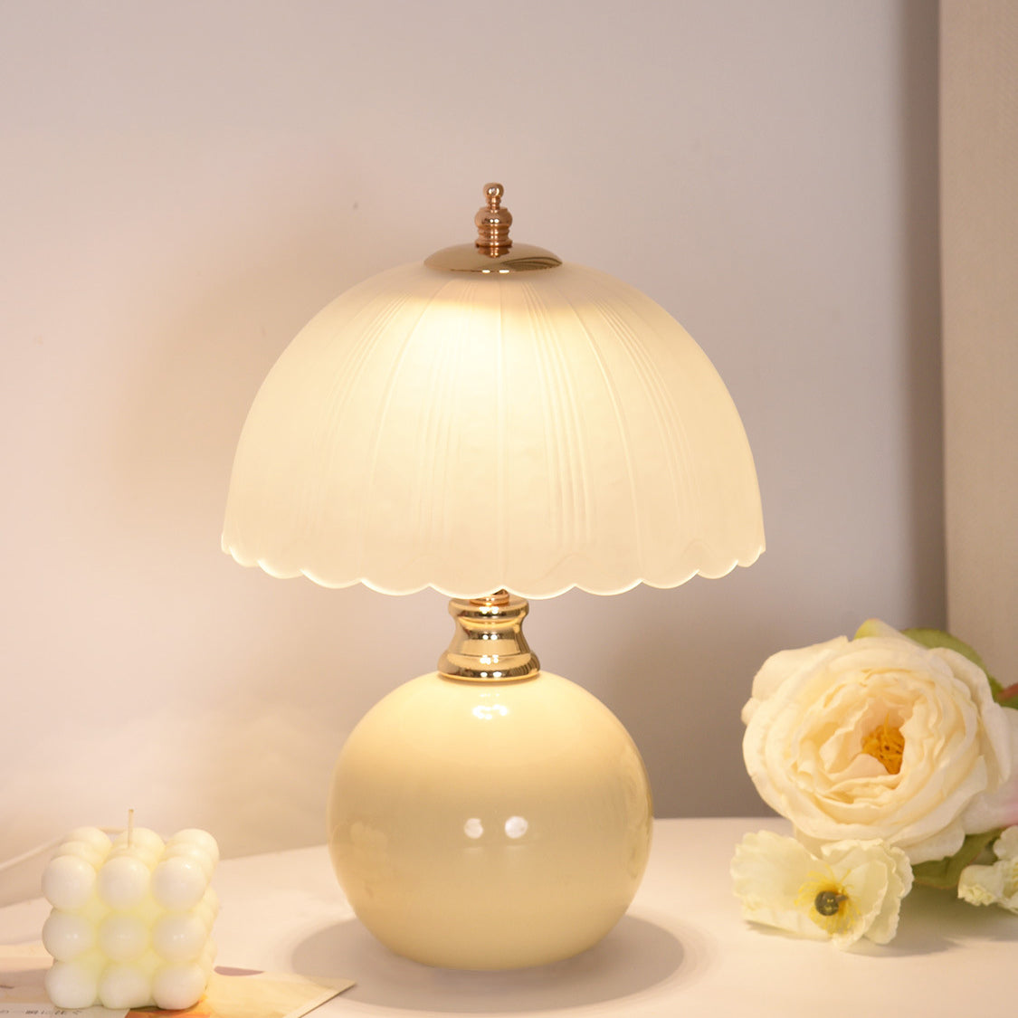 Contemporary Nordic Half Dome Table Lamp - Flower Globe Base, Iron & Ceramic Glass, 1-Light Design for Bedroom Decor
