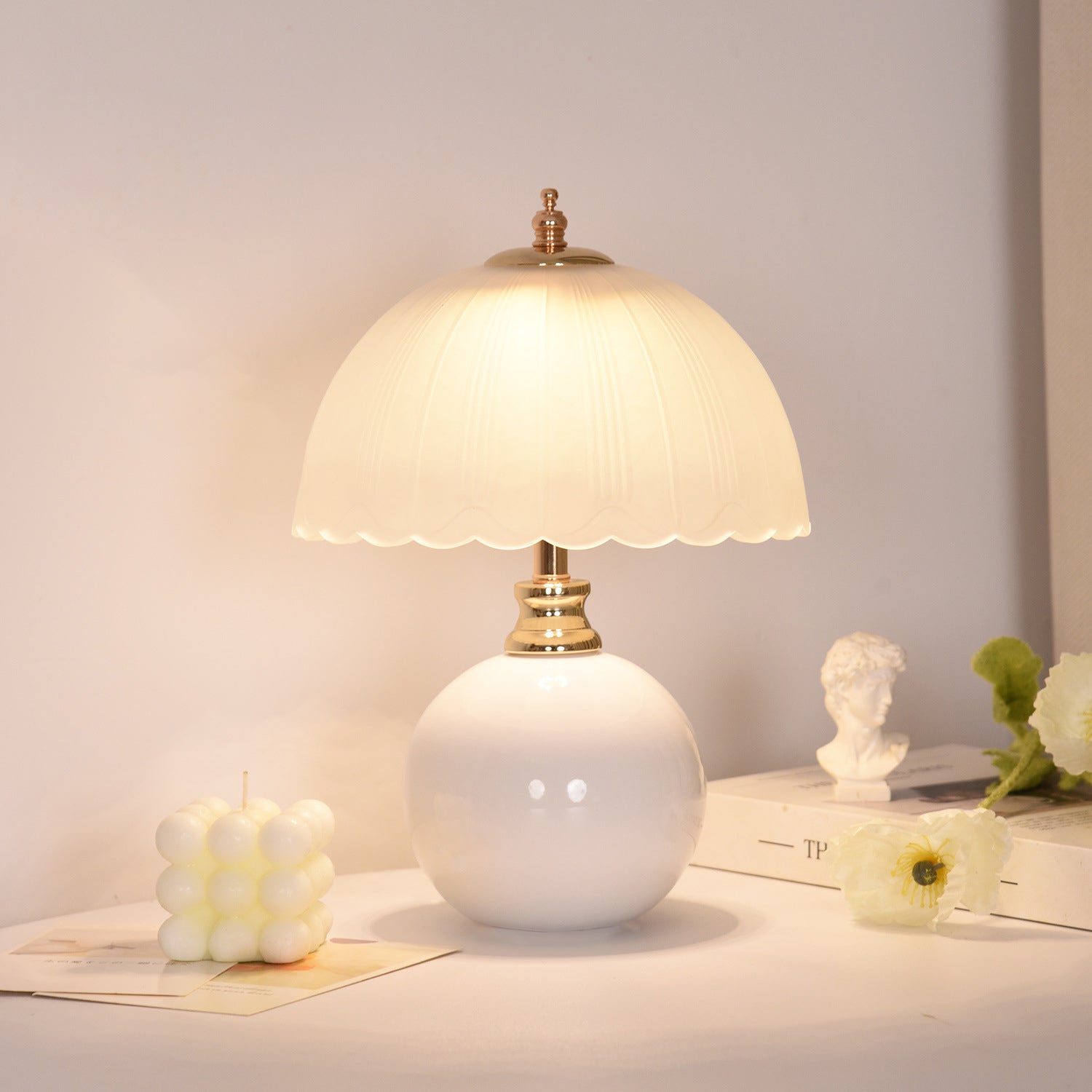 Contemporary Nordic Half Dome Table Lamp - Flower Globe Base, Iron & Ceramic Glass, 1-Light Design for Bedroom Decor