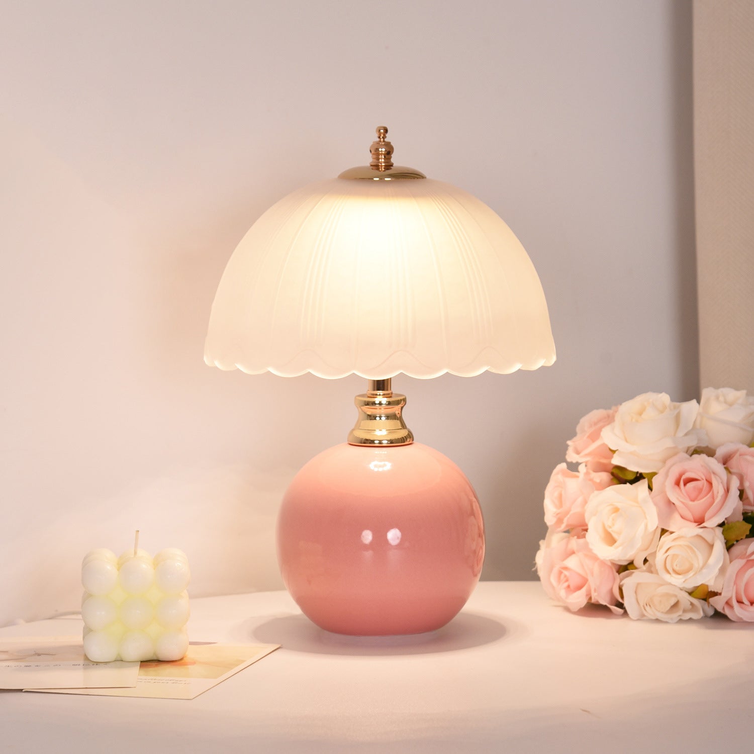 Contemporary Nordic Half Dome Table Lamp - Flower Globe Base, Iron & Ceramic Glass, 1-Light Design for Bedroom Decor