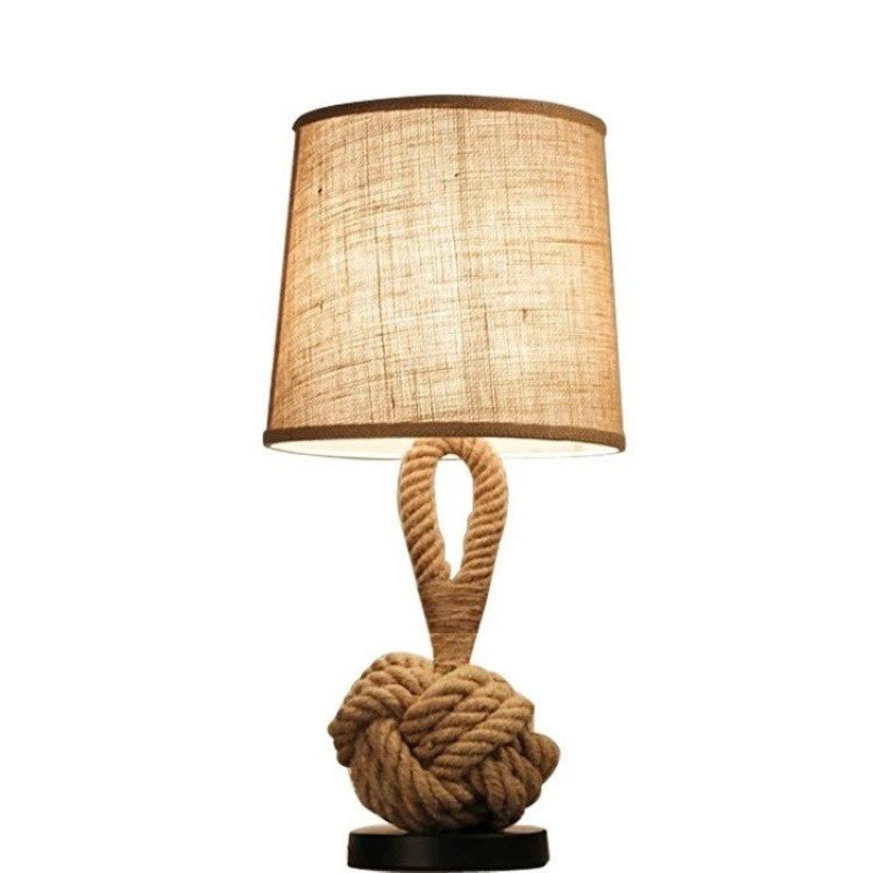 Contemporary Nautical Twisted Rope Knot Drum Shape Fabric Iron 1-Light Table Lamp for Bedroom, Coastal Decor Accent Lighting, Modern Home Office Nightstand Lamp, Unique Marine Inspired Design, Decorative Lighting Fixture for Living Room, Rustic Nautical H