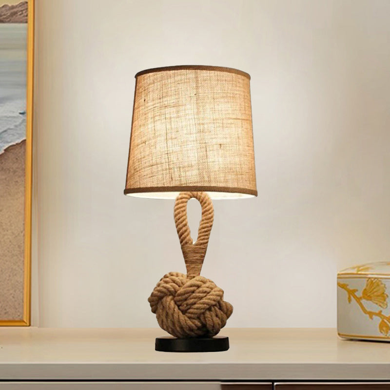 Contemporary Nautical Twisted Rope Knot Drum Shape Fabric Iron 1-Light Table Lamp for Bedroom, Coastal Decor Accent Lighting, Modern Home Office Nightstand Lamp, Unique Marine Inspired Design, Decorative Lighting Fixture for Living Room, Rustic Nautical H
