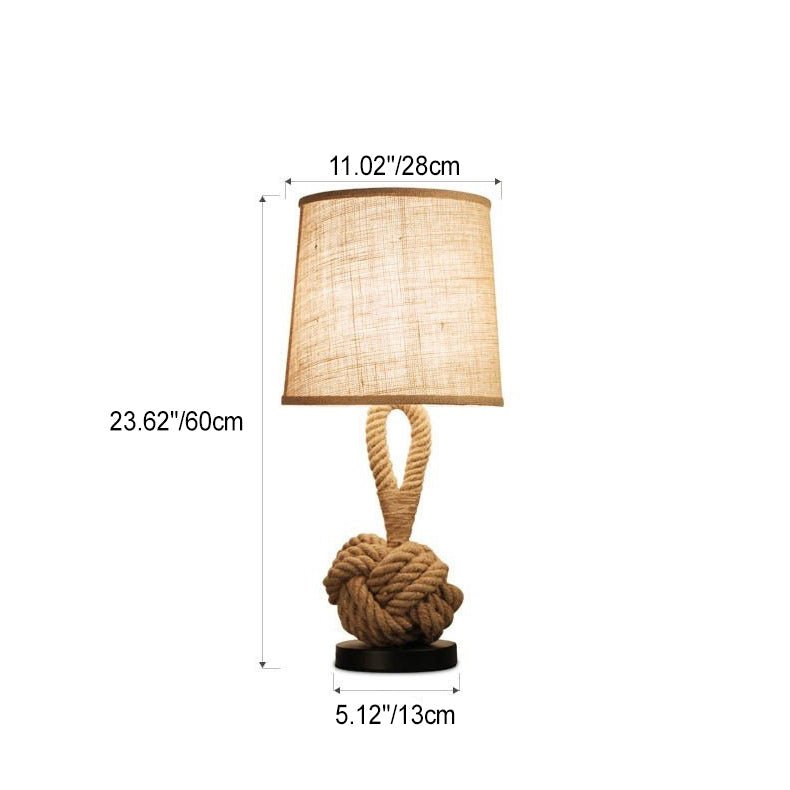 Contemporary Nautical Twisted Rope Knot Drum Shape Fabric Iron 1-Light Table Lamp for Bedroom, Coastal Decor Accent Lighting, Modern Home Office Nightstand Lamp, Unique Marine Inspired Design, Decorative Lighting Fixture for Living Room, Rustic Nautical H