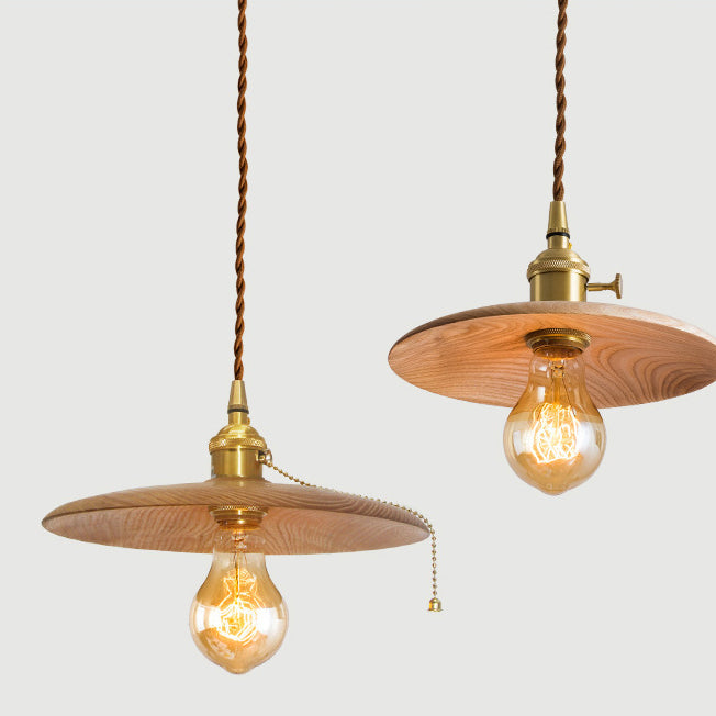 Contemporary Retro Pull Chain Pendant Light - Brass Wood 1-Light Flying Saucer for Dining Room