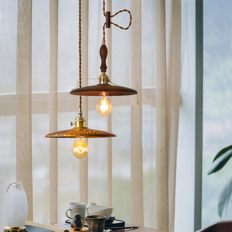Contemporary Retro Pull Chain Pendant Light - Brass Wood 1-Light Flying Saucer for Dining Room