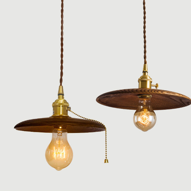 Contemporary Retro Pull Chain Pendant Light - Brass Wood 1-Light Flying Saucer for Dining Room