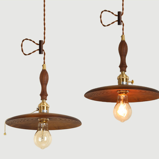 Contemporary Retro Pull Chain Pendant Light - Brass Wood 1-Light Flying Saucer for Dining Room