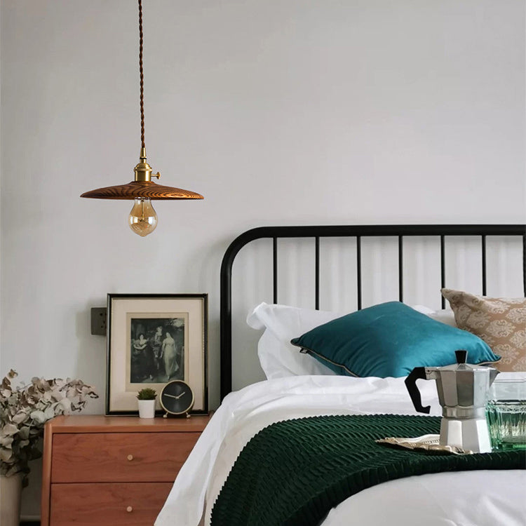 Contemporary Retro Pull Chain Pendant Light - Brass Wood 1-Light Flying Saucer for Dining Room