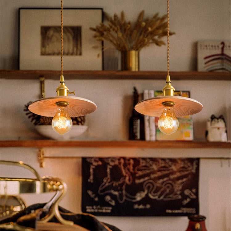 Contemporary Retro Pull Chain Pendant Light - Brass Wood 1-Light Flying Saucer for Dining Room