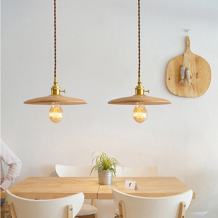 Contemporary Retro Pull Chain Pendant Light - Brass Wood 1-Light Flying Saucer for Dining Room