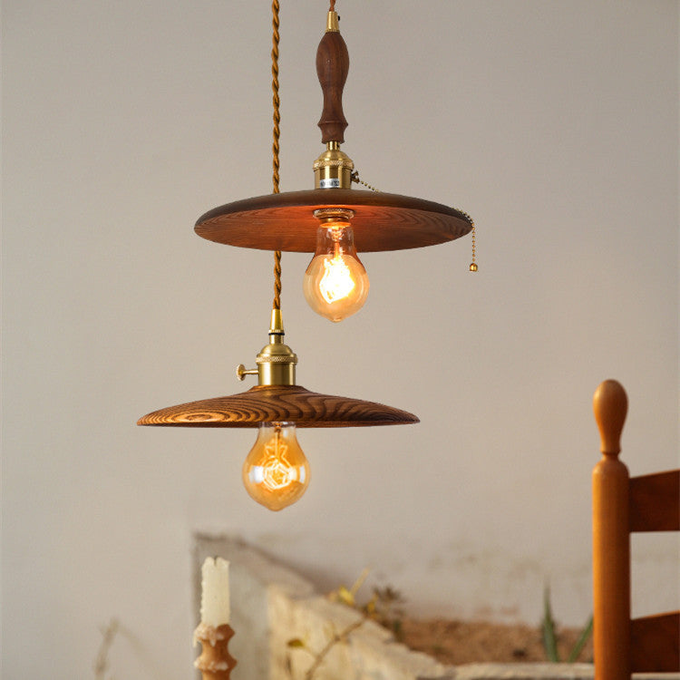 Contemporary Retro Pull Chain Pendant Light - Brass Wood 1-Light Flying Saucer for Dining Room