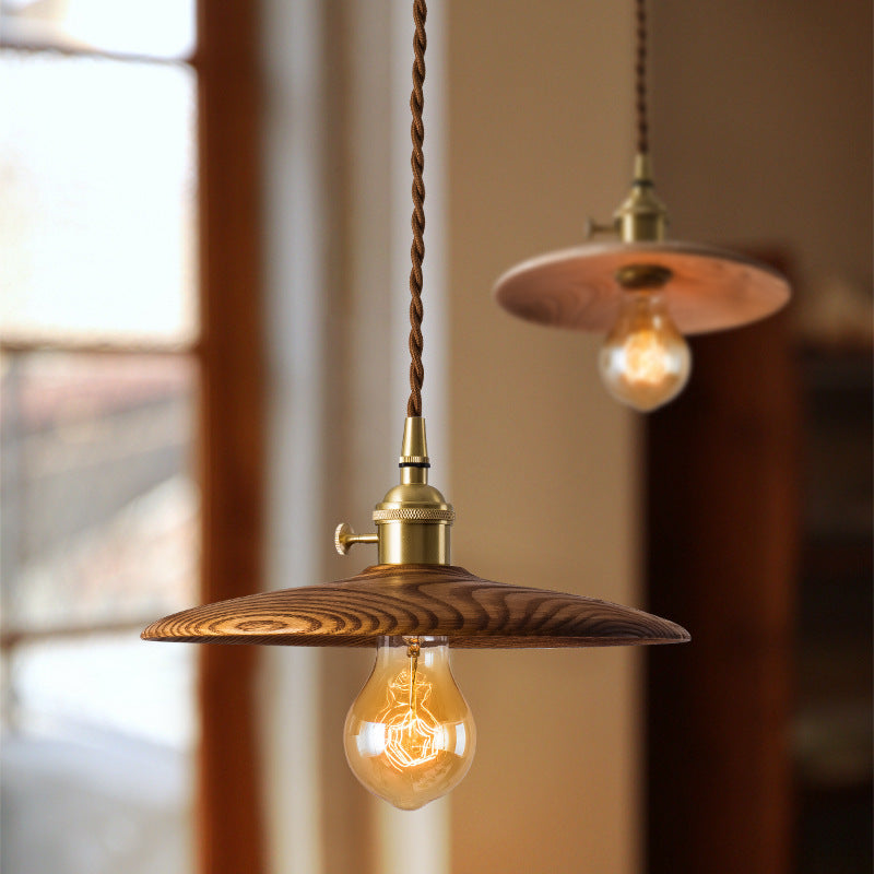 Contemporary Retro Pull Chain Pendant Light - Brass Wood 1-Light Flying Saucer for Dining Room