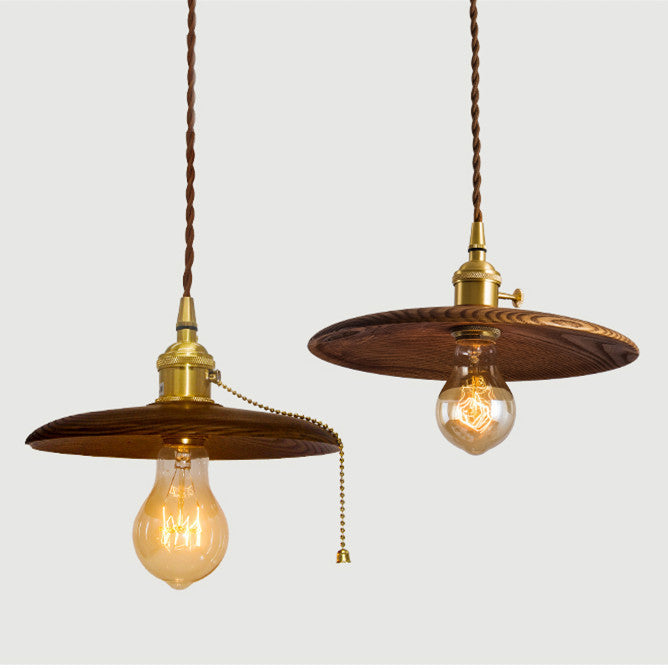 Contemporary Retro Pull Chain Pendant Light - Brass Wood 1-Light Flying Saucer for Dining Room