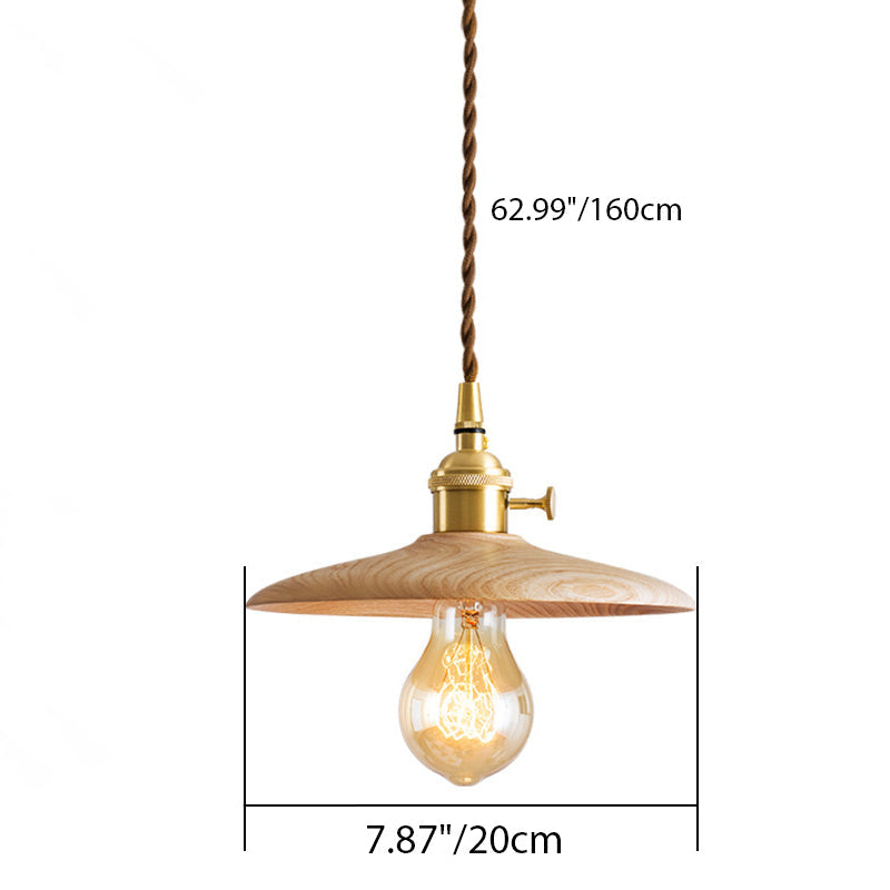 Contemporary Retro Pull Chain Pendant Light - Brass Wood 1-Light Flying Saucer for Dining Room