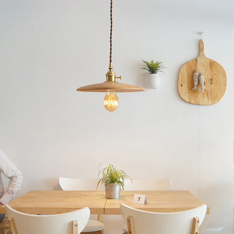 Contemporary Retro Pull Chain Pendant Light - Brass Wood 1-Light Flying Saucer for Dining Room
