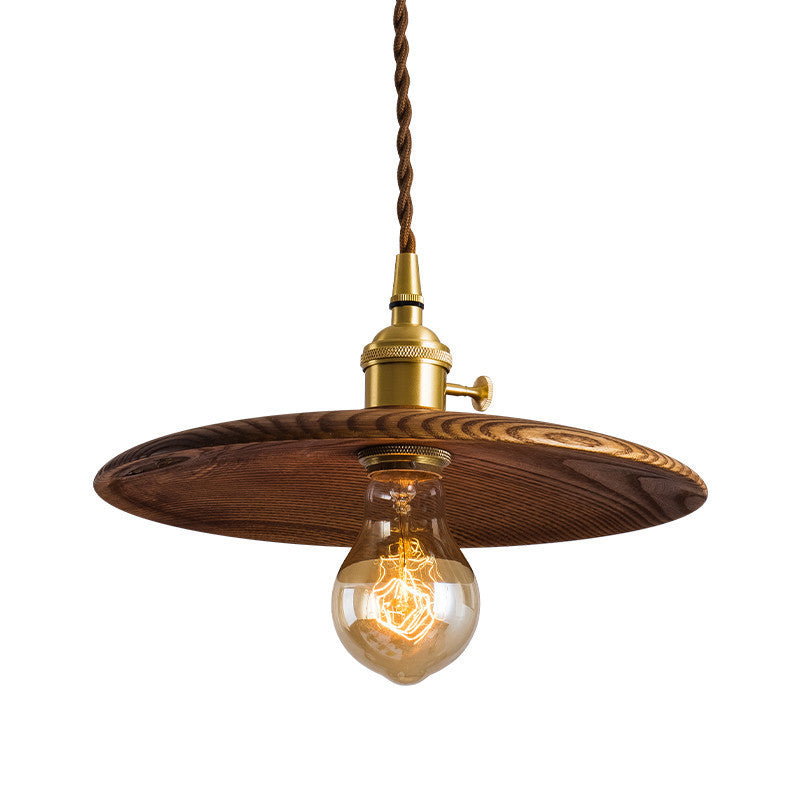 Contemporary Retro Pull Chain Pendant Light - Brass Wood 1-Light Flying Saucer for Dining Room
