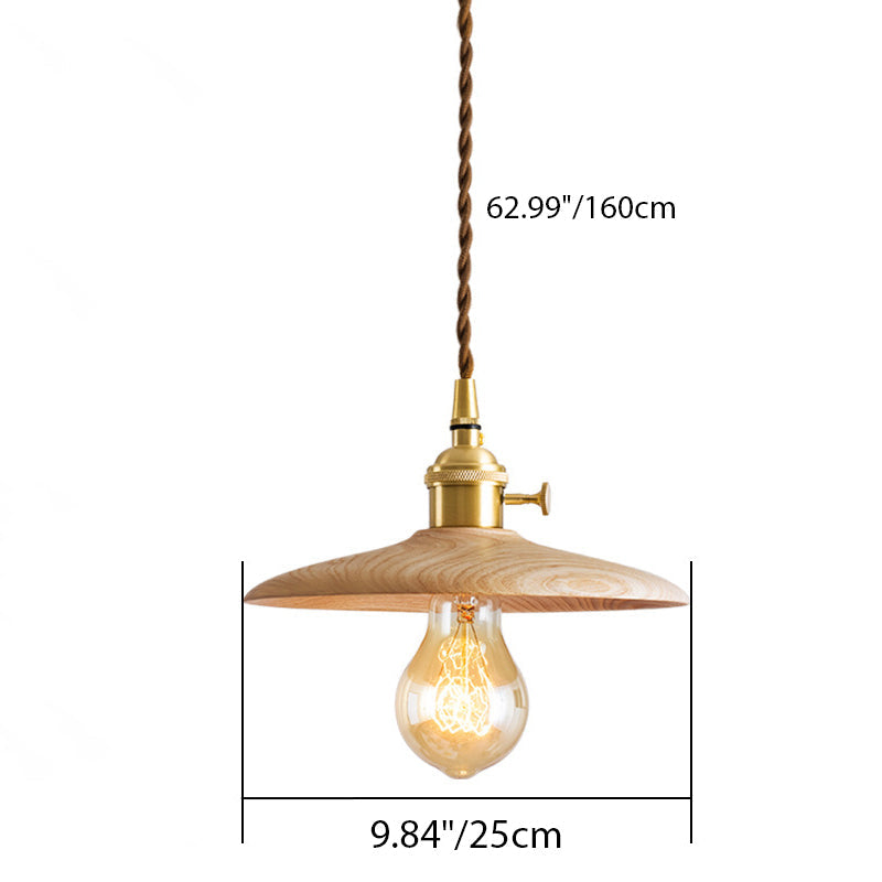 Contemporary Retro Pull Chain Pendant Light - Brass Wood 1-Light Flying Saucer for Dining Room