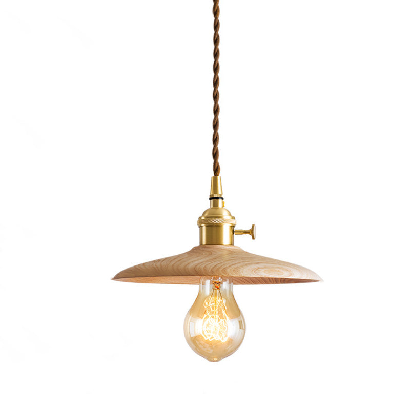 Contemporary Retro Pull Chain Pendant Light - Brass Wood 1-Light Flying Saucer for Dining Room