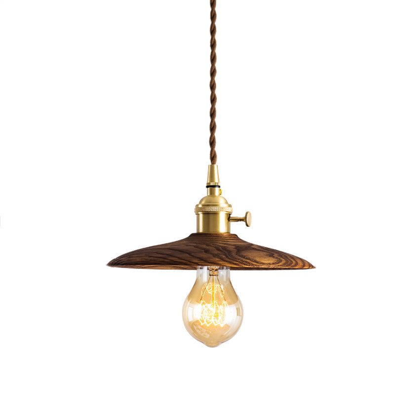 Contemporary Retro Pull Chain Pendant Light - Brass Wood 1-Light Flying Saucer for Dining Room