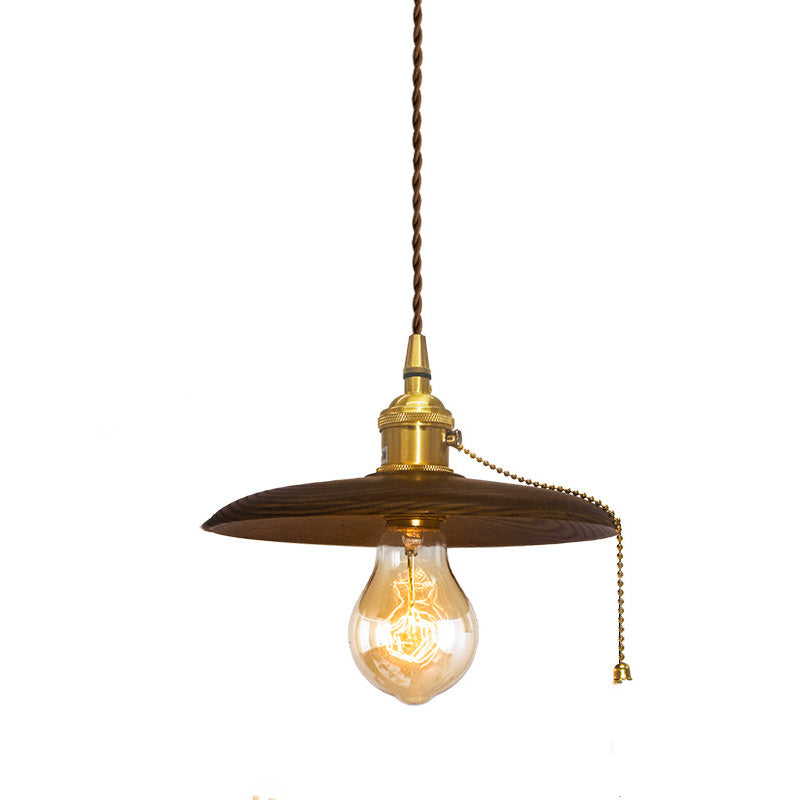 Contemporary Retro Pull Chain Pendant Light - Brass Wood 1-Light Flying Saucer for Dining Room