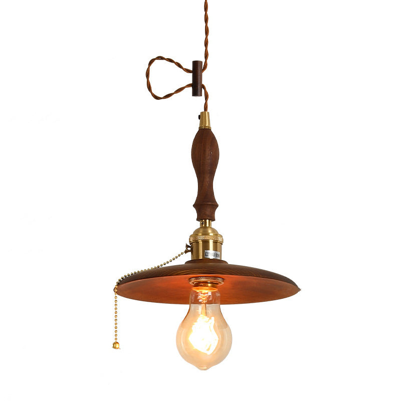 Contemporary Retro Pull Chain Pendant Light - Brass Wood 1-Light Flying Saucer for Dining Room