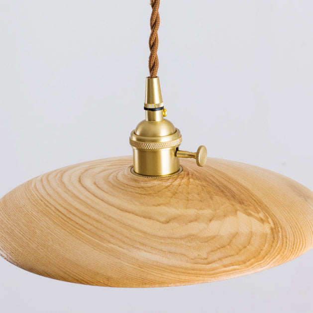 Contemporary Retro Pull Chain Pendant Light - Brass Wood 1-Light Flying Saucer for Dining Room