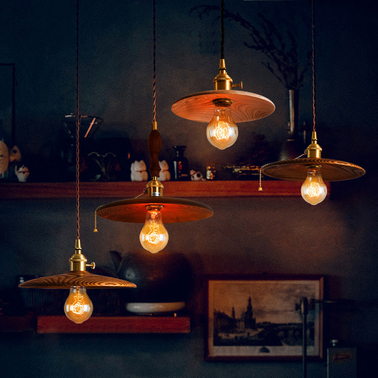 Contemporary Retro Pull Chain Pendant Light - Brass Wood 1-Light Flying Saucer for Dining Room