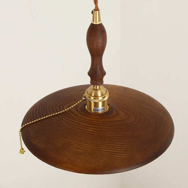 Contemporary Retro Pull Chain Pendant Light - Brass Wood 1-Light Flying Saucer for Dining Room