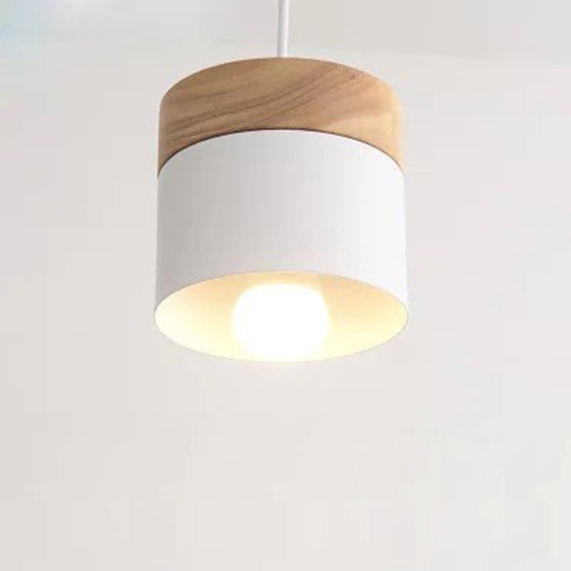Modern Minimalist Wood Iron Pendant Light - Round Cylinder 1-Light Fixture for Living Room