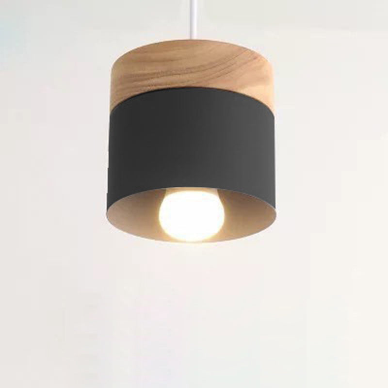 Modern Minimalist Wood Iron Pendant Light - Round Cylinder 1-Light Fixture for Living Room