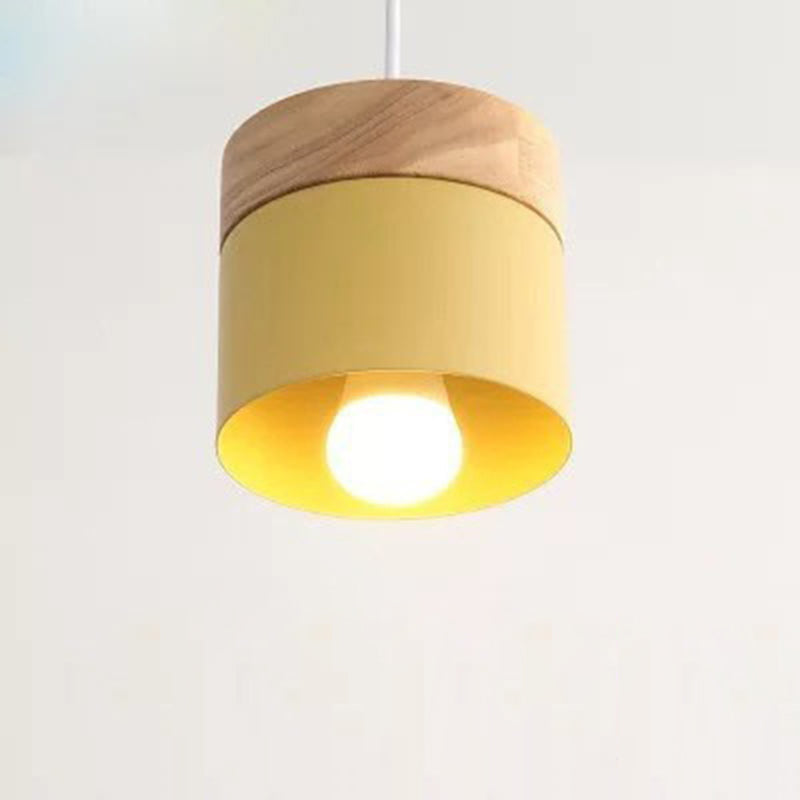 Modern Minimalist Wood Iron Pendant Light - Round Cylinder 1-Light Fixture for Living Room