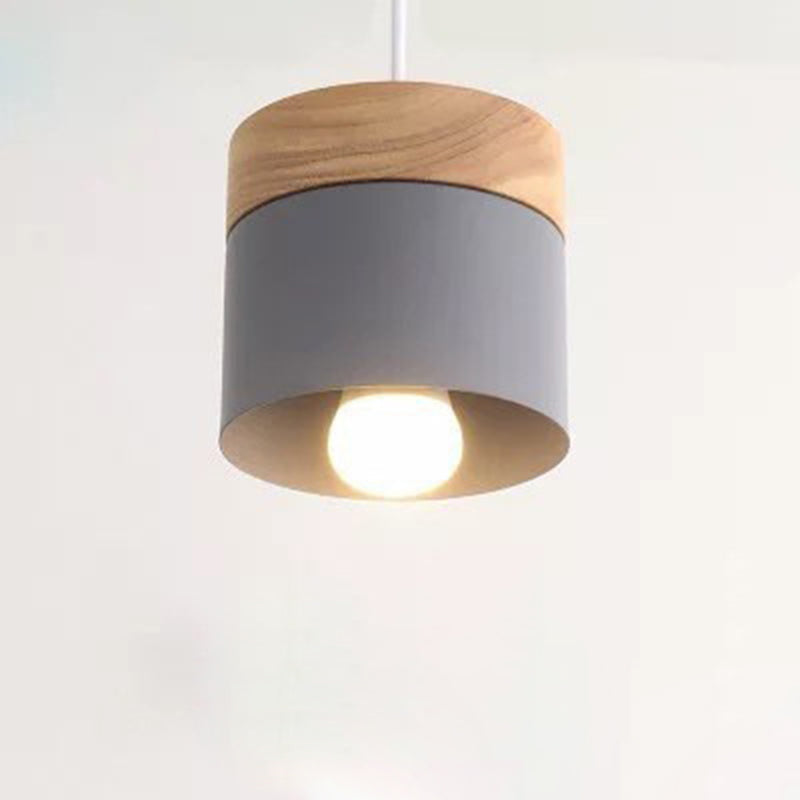 Modern Minimalist Wood Iron Pendant Light - Round Cylinder 1-Light Fixture for Living Room