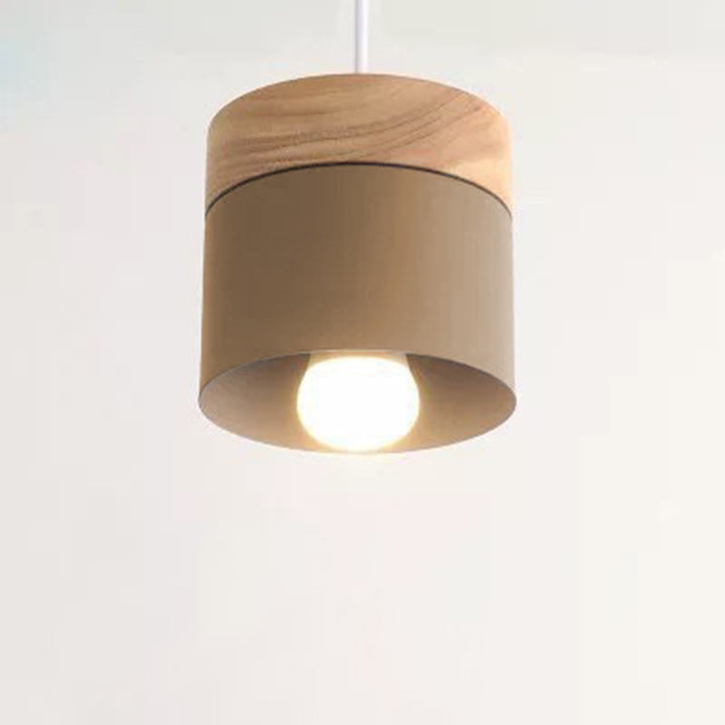 Modern Minimalist Wood Iron Pendant Light - Round Cylinder 1-Light Fixture for Living Room