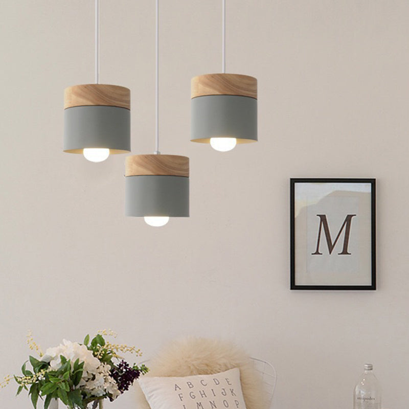 Modern Minimalist Wood Iron Pendant Light - Round Cylinder 1-Light Fixture for Living Room