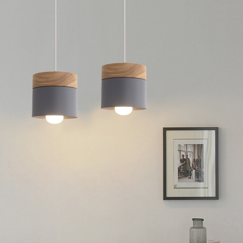 Modern Minimalist Wood Iron Pendant Light - Round Cylinder 1-Light Fixture for Living Room