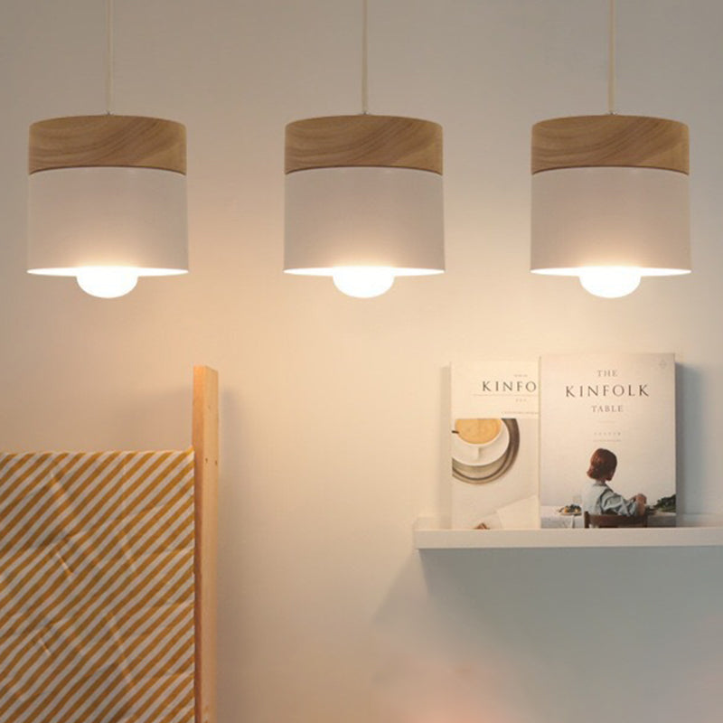 Modern Minimalist Wood Iron Pendant Light - Round Cylinder 1-Light Fixture for Living Room