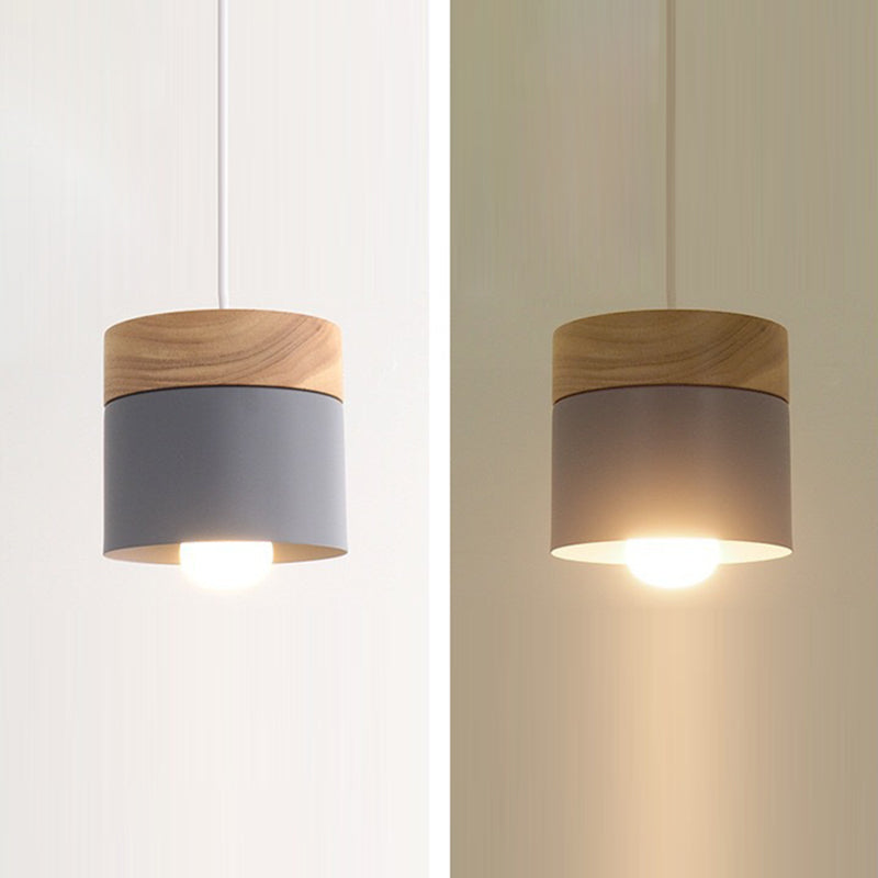 Modern Minimalist Wood Iron Pendant Light - Round Cylinder 1-Light Fixture for Living Room