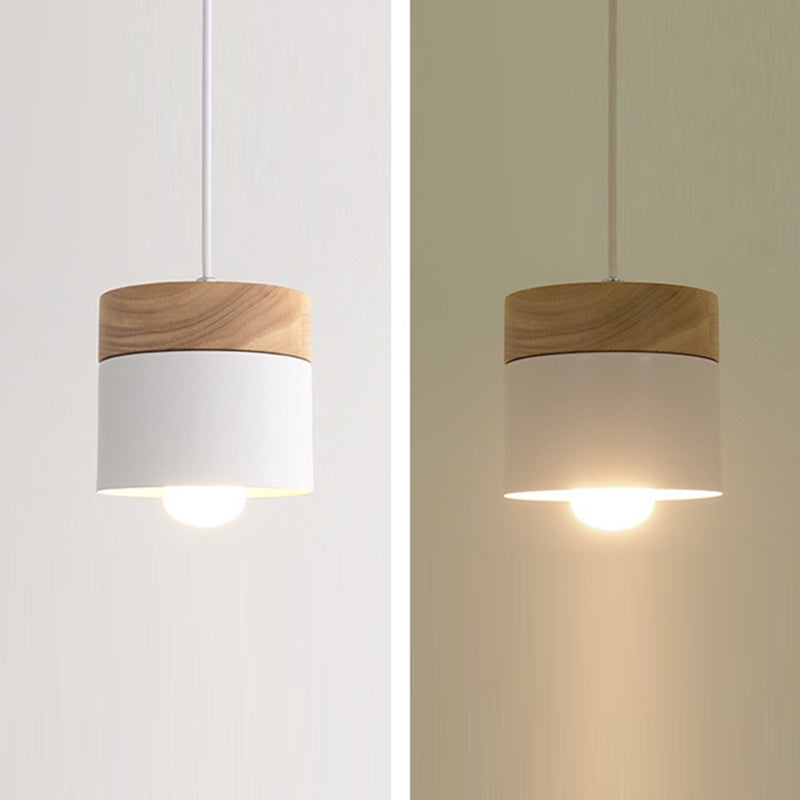 Modern Minimalist Wood Iron Pendant Light - Round Cylinder 1-Light Fixture for Living Room