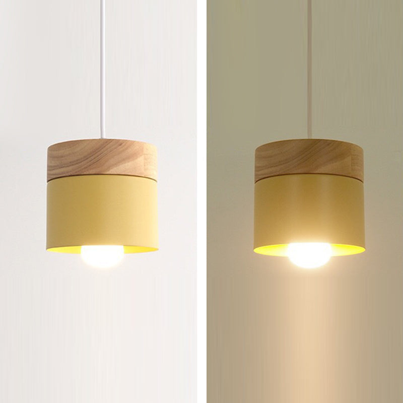 Modern Minimalist Wood Iron Pendant Light - Round Cylinder 1-Light Fixture for Living Room
