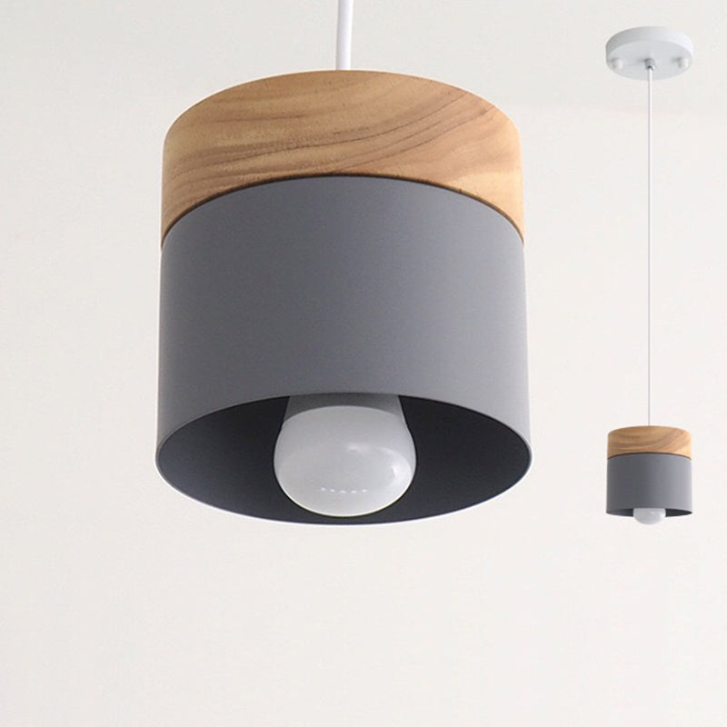 Modern Minimalist Wood Iron Pendant Light - Round Cylinder 1-Light Fixture for Living Room