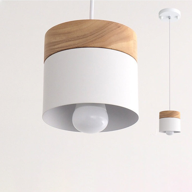Modern Minimalist Wood Iron Pendant Light - Round Cylinder 1-Light Fixture for Living Room