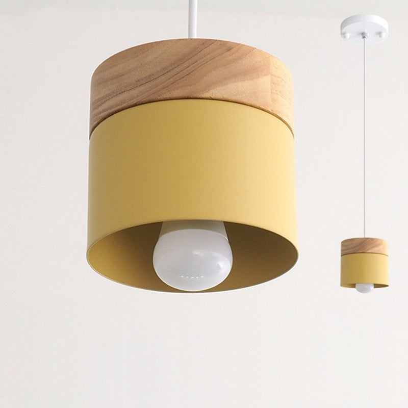 Modern Minimalist Wood Iron Pendant Light - Round Cylinder 1-Light Fixture for Living Room