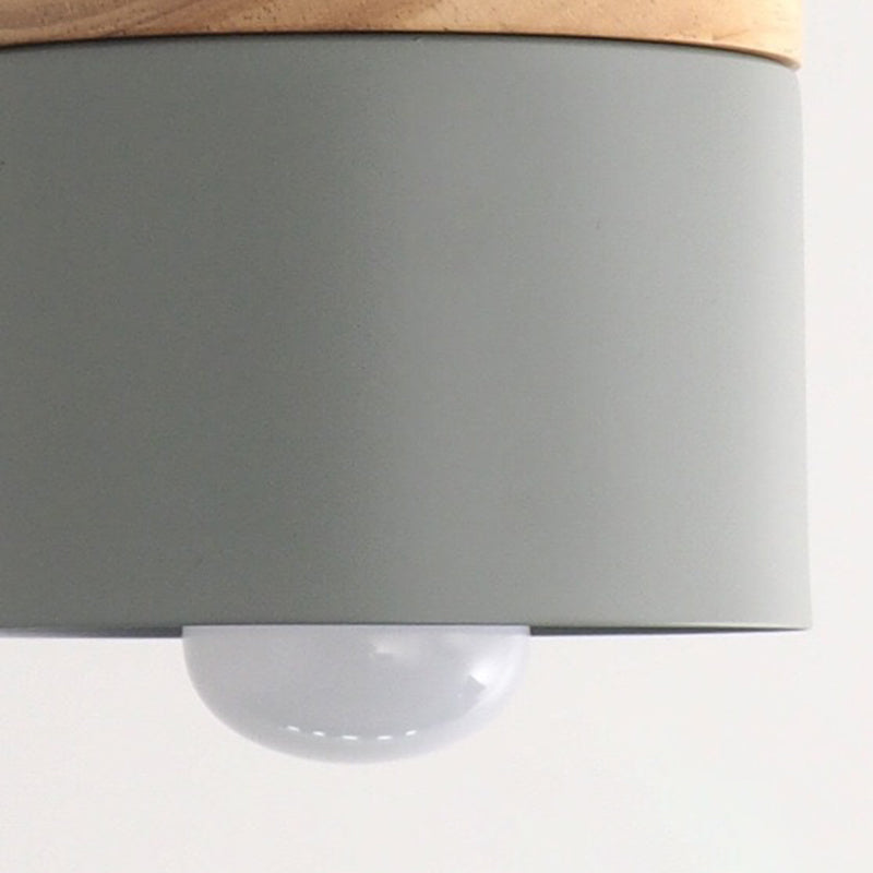 Modern Minimalist Wood Iron Pendant Light - Round Cylinder 1-Light Fixture for Living Room
