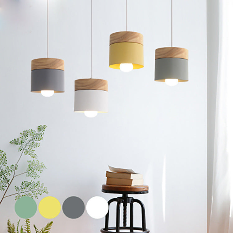 Modern Minimalist Wood Iron Pendant Light - Round Cylinder 1-Light Fixture for Living Room