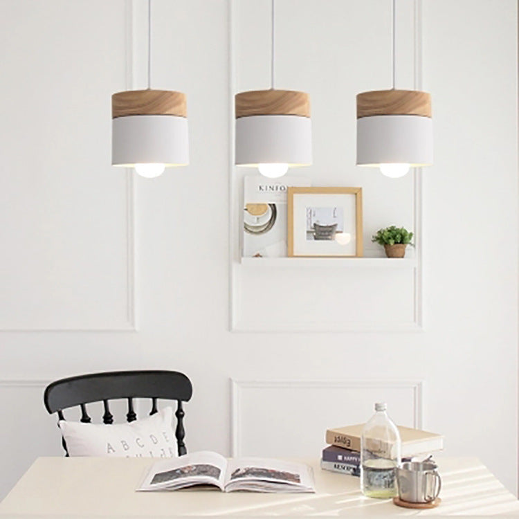 Modern Minimalist Wood Iron Pendant Light - Round Cylinder 1-Light Fixture for Living Room