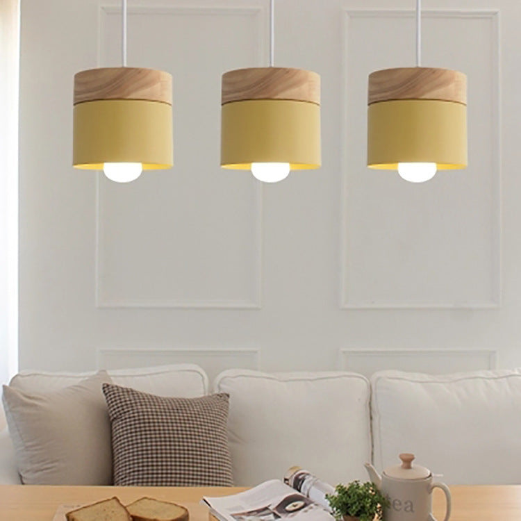 Modern Minimalist Wood Iron Pendant Light - Round Cylinder 1-Light Fixture for Living Room