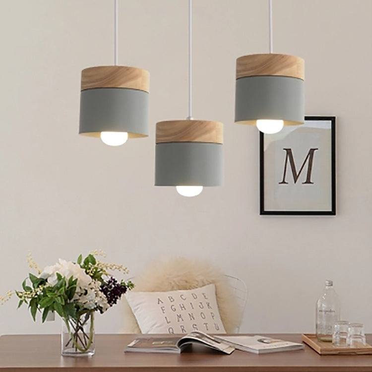 Modern Minimalist Wood Iron Pendant Light - Round Cylinder 1-Light Fixture for Living Room